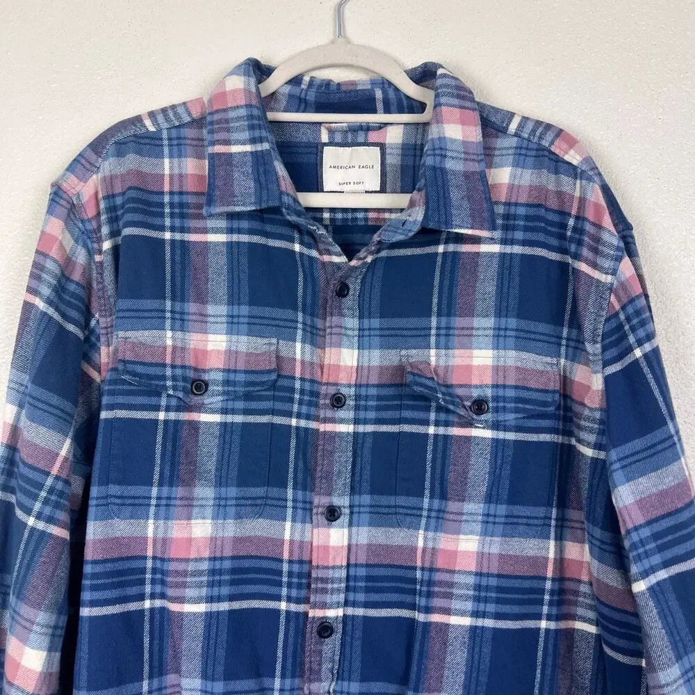 American Eagle Men's Super Soft Flannel Button Down Shirt XXL Blue Pink Plaid - Picture 5 of 7